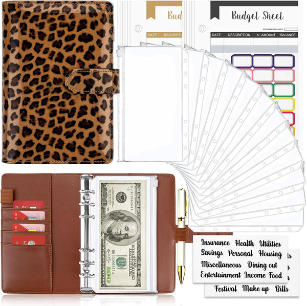 Onlyesh Budget Binder with Zipper Envelopes, Cash Envelopes for Budgeting, 28Pcs Planner (Leopard Print)