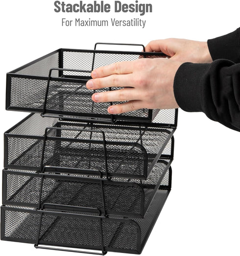 Mind Reader Stackable Paper Tray, Metal Mesh Desktop Organizer, File Storage for Office, 4 Pcs, Black