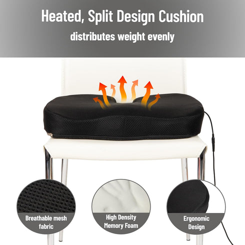 4 Settings Mind Reader Heated Memory Foam Seat Cushion with Air-Cloud Support, Slim Ergonomic Cushion with Heat Timer