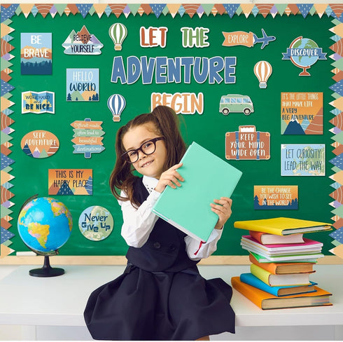 Let The Adventure Begin Motivational Bulletin Board Set, Let's Explore Themed Cutouts for Teachers Students Decor