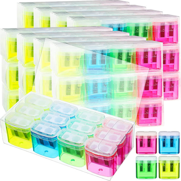 Teling 144 Pcs Dual Holes Manual Pencil Sharpeners, Colorful Handheld Pencil Sharpener with Lid for School and Office