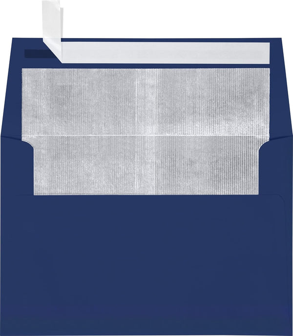 LUXPaper A4 Foil Lined Invitation Envelopes | 4 1/4" x 6 1/4" | Blue with Silver LUX Lining | 50 Qty | Peel & Press |