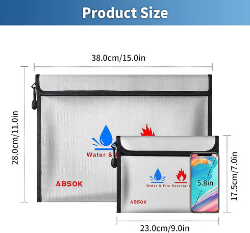 Fireproof Document Bag - Fireproof Money Safe Document Bag Set 15 x 11 & 9 x 7 Inches, Non-Itchy Silicone Coated Fire