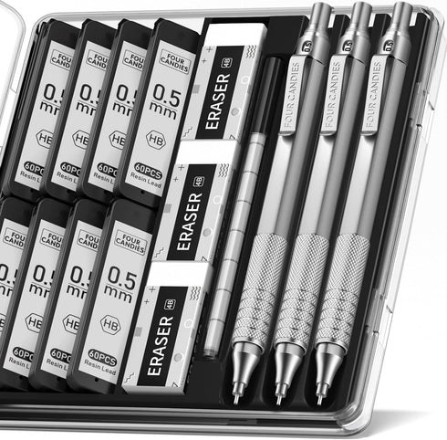 Four Candies 0.5mm Mechanical Pencil Set with Case, 3PCS Metal Artist Pencil with 480PCS HB Lead Refills