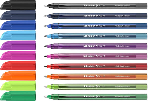 Schneider Vizz M (Medium) Ballpoint Pen, 1.0 mm, Transparent Barrel, Assorted Ink Colors, Pack of 10 Pens