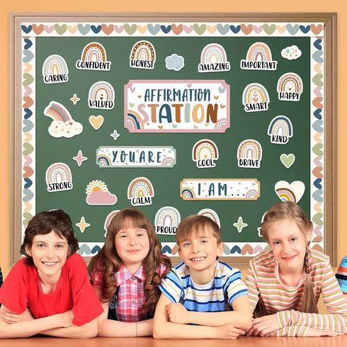 BOHO Affirmation Station Bulletin Board Set - Rainbow Motivational Posters and Inspirational Cutouts for Classroom