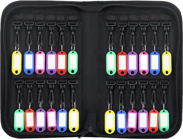 Portable Zippered Key Organizer Case, Waterproof Fireproof Key Storage with 24 Hooks and Tags for Rental Management