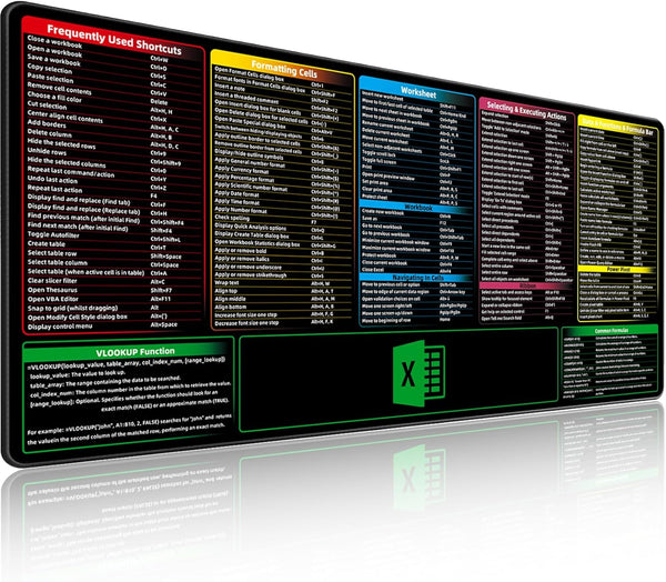Excel Shortcuts Mouse Pad, Extended Large XXL (35.4x15.7x0.12in) Cheat Sheet, Waterproof Non-Slip Rubber Base for Gaming