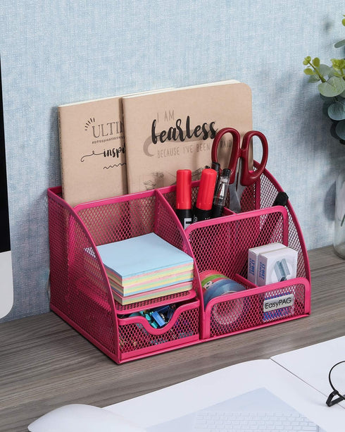 EasyPAG Mesh Desk Organizer, Multi-functional Caddy with 6 Compartments and 1 Drawer for Home, School