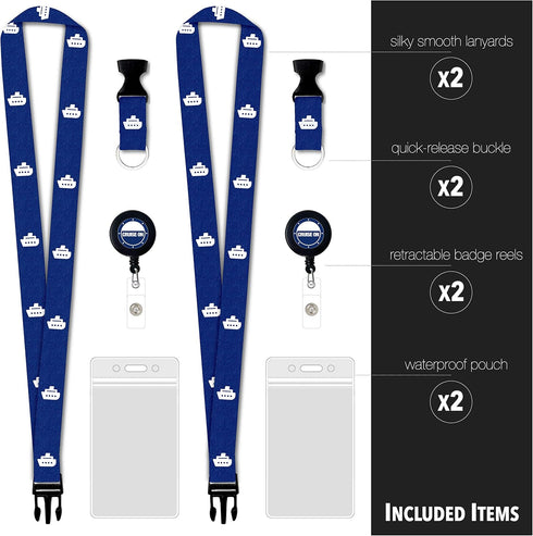 Cruise On Lanyard for Ship Cards – 2-Pack Retractable Badge & Waterproof Key Card Holder (Navy Blue)