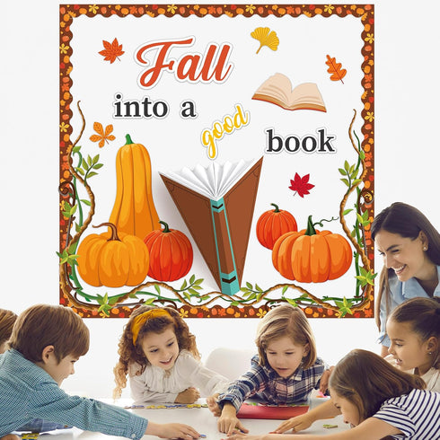 Fall into a Good Book Bulletin Board, Classroom Decorations with Pumpkin Cutouts and Autumn Maple Leaves