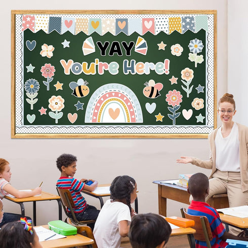 Yay You are Here Bulletin Board Set - Boho Rainbow Cutouts, Classroom Bulletin Board Borders Decoration for School
