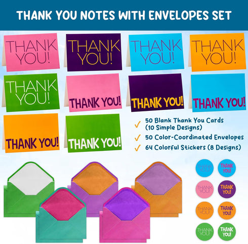50 6x4 Kids Thank You Cards Bulk - Thick, in Blank Thank You Notes with Envelopes and Stickers - Fun, Colorful Designs