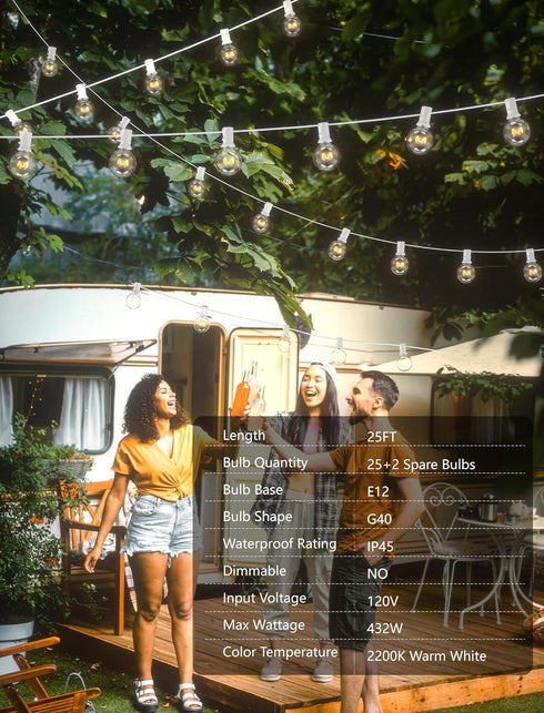 25FT G40 27 Bulbs(2 SUNSGNE Globe String Lights, White Outdoor String Lights with Clear Edison Spare) for Patio Balcony