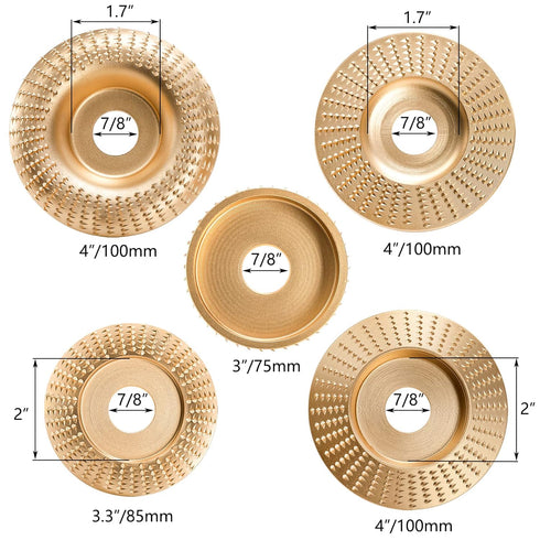 Hedume Set of 5 Wood Carving Disc for 4" or 4 1/2" Angle Grinder, Grinding Wheel Shaping Disc for Wood Cutting