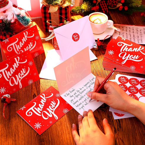 75 Pack 5.5 4.5 Inch Gueevin Christmas Thank You Cards with Envelopes and Stickers Bulk x Red Snowflakes Holiday Thank