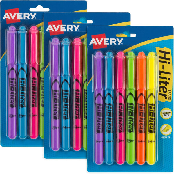 AVERY Hi-Liter Pen-Style Highlighters, Chisel Tip, 6 Assorted Colors, 3 Packs