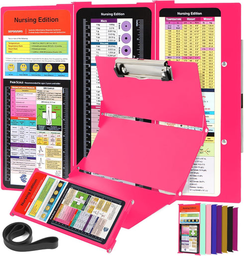 Nursing Clipboard Foldable with Medical Edition Cheat Sheets, 3 Layers Aluminum Clipboard for Nursing Students (Pink)