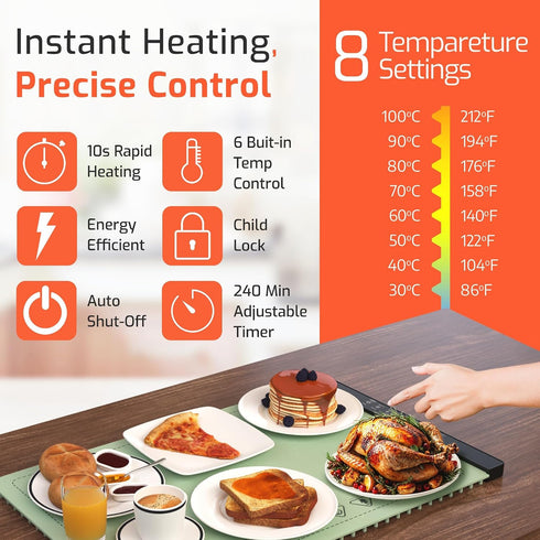 Countertop 8-Level Food Warming Mat for Electric Heating Mat for Food with Temp Control, Timer & Child Lock PI Graphene