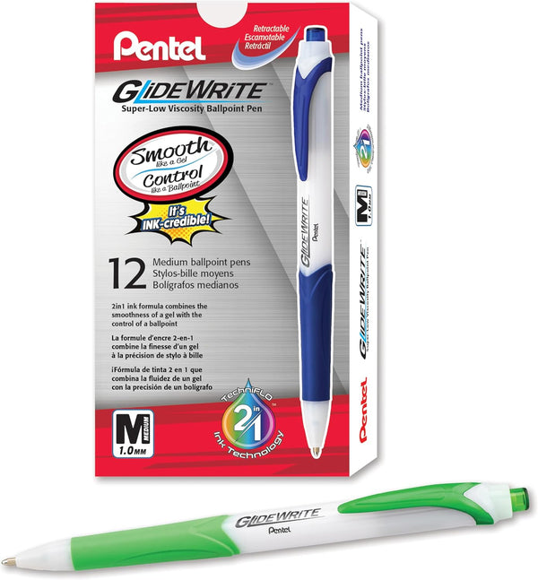 Pentel GlideWrite Ballpoint Pen with TechniFlo Ink, (1.0mm) Medium Line, Lime Green Ink, Box of 12 (BX910-K)