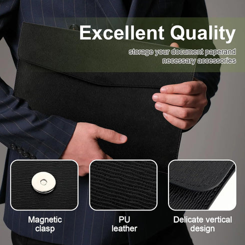 Document File Folder, 1Pcs PU Leather A4 Envelope Folder Expanding Organizer Waterproof Portfolio Black Storage Case