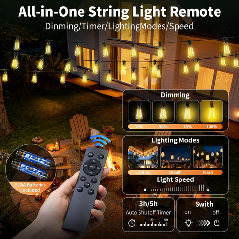 FUANXIEI ST38 50FT 15M Bulbs 3 Dimmable Solar Lights Outdoor Waterproof: Shatterproof Patio Lights - Solar Powered