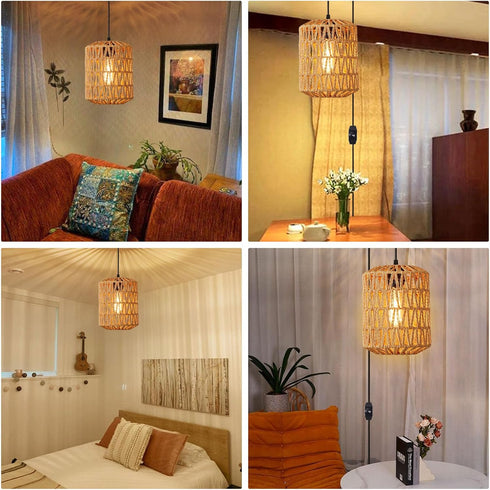 15ft Dimmable Plug in Pendant Light, Rattan Hanging Lights with Plug in Cord Cord, Hand Woven Wicker Lampshade Hanging