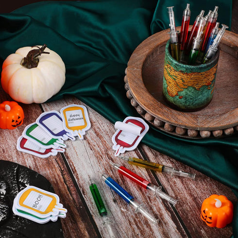Maitys 96 Pcs Halloween Syringe Pens Nurse Gifts Bulk with Blood Bag Designed Sticky Notes Novelty Pen for Nurse Party