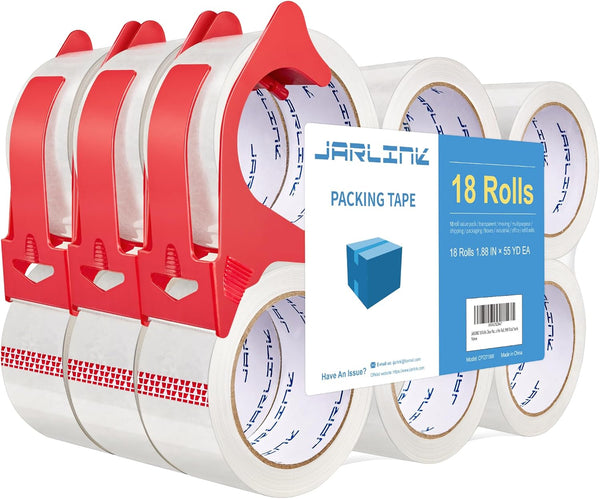JARLINK 18 Rolls Clear Packing Tape Refills with 3 Dispensers, Heavy Duty 2.7mil Thick, 1.88" Wide, 55 Yards Each