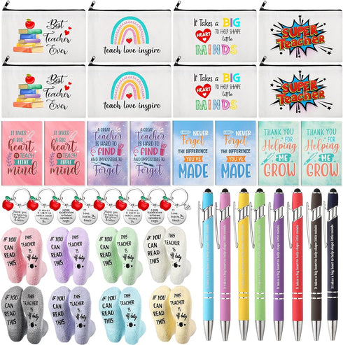 Fulmoon 40 Pcs Teacher Appreciation Gift Set - Novelty Casual Socks, Makeup Bag, Keychain, Mini Notebooks, Ballpoint