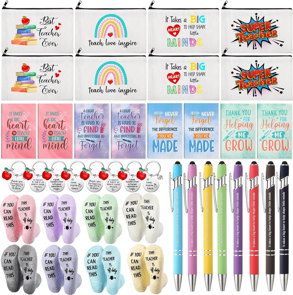 Fulmoon 40 Pcs Teacher Appreciation Gift Set - Novelty Casual Socks, Makeup Bag, Keychain, Mini Notebooks, Ballpoint