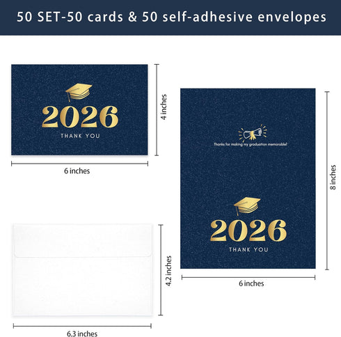 Nihuecne 50 Pack 4" 6" Commencement x Graduation Thank You Cards with Self-adhesive Envelopes and Gold Foil for College