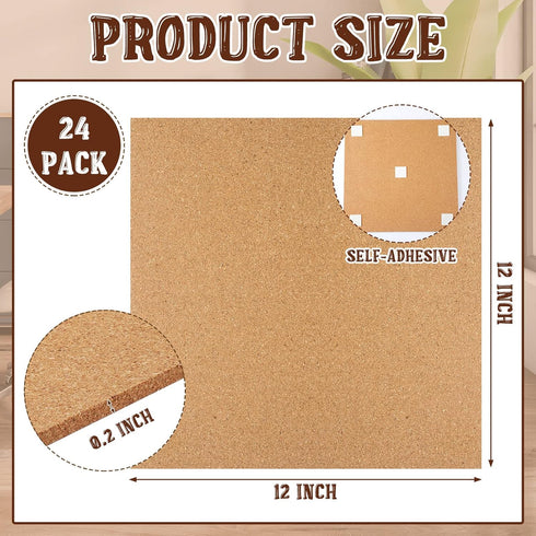 Ctosree 24 Pack Cork Board Tiles 12 x 12 Thick Self Adhesive Bulletin Board for Office School Home Decoration