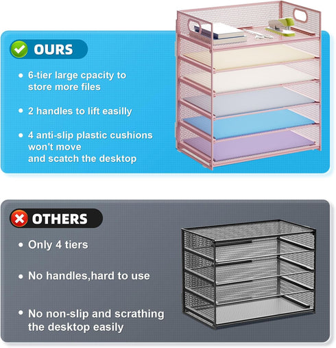 Marbrasse 6 Tier Paper Organizer Letter Tray, Mesh Desk File Organizer with Handle for Letter/A4 Office Files, Pink