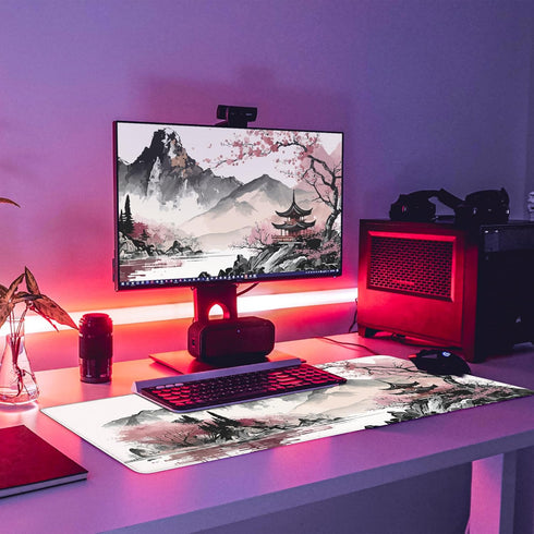 Large Gaming Mouse Pad Watercolor Cherry Blossom, 31.5 x 11.8 in, Extended Keyboard Mousepad with Non-Slip Base