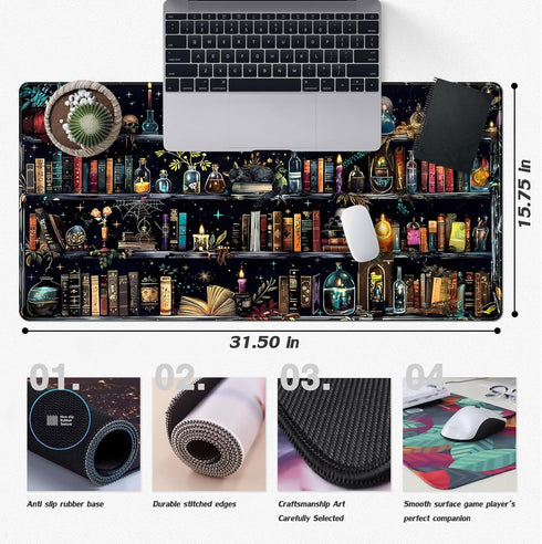 FGHRHT 31.5x15.7 Bookshelf Desk Mat Black Library Aesthetic Desk Pad Large Gaming Mouse Pad in Bookcase XXL Extended