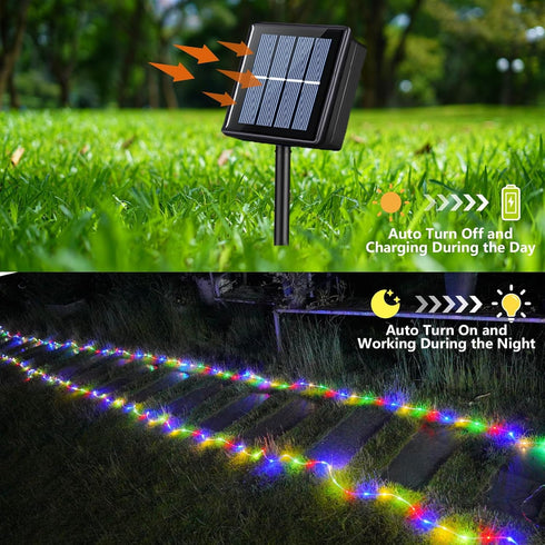 66ft 200 8 YEGUO Solar Rope Lights Outdoor Waterproof, LED Multicolor String Lights, Modes Fairy Lights in Clear Thin