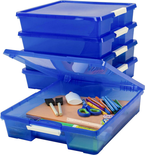 Storex Classroom Craft Project Box – Stacking Plastic Organizer, Fits 12x12 Scrapbooking Paper, Blue, 5-Pack