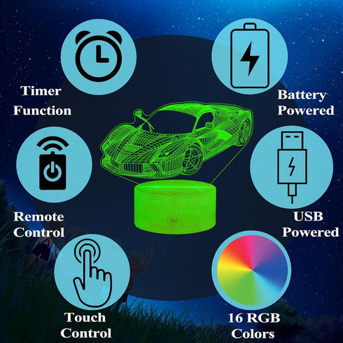 16 Dimmable, Car Gifts for Men, Racing Vehicle Night Light with Remote Control, Colors Changing, Timer, RGB Flashing