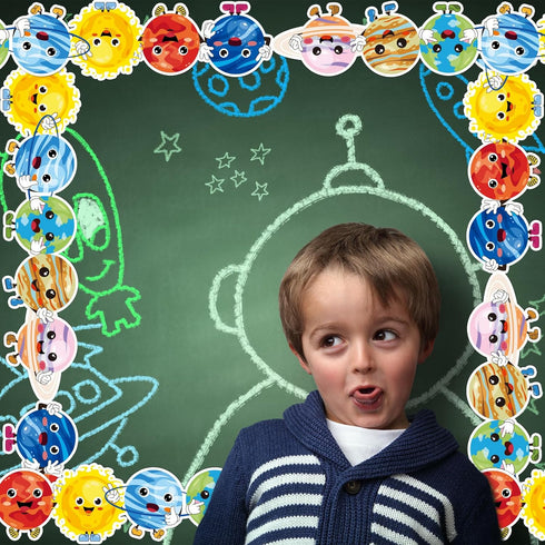 Whaline 32.8ft Cartoon Outer Space Bulletin Board Borders Die-Cut Rolled Trim for Classroom Office Chalkboard Decoration