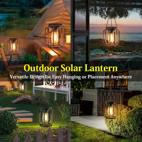 2 Pack Solar Hanging Lanterns Outdoor: Metal Solar Hanging Lights with Hook, Bright - Warm Waterproof LED Lanterns