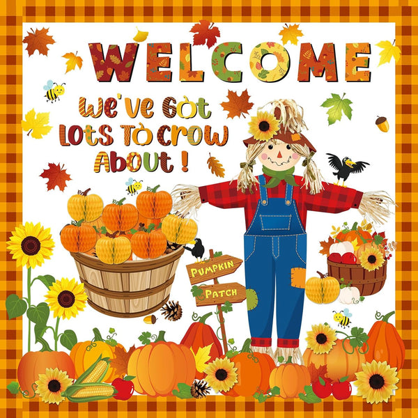 Pasimy 102 Pcs Fall Pumpkin Bulletin Board Classroom Decorations, Autumn Thanksgiving 3D Scarecrow and Honeycomb