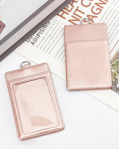 Teskyer Leather ID Badge Holder for Work School IDs, Cruise Ship Cards, Hotel Key Cards - Rose Gold Lanyards