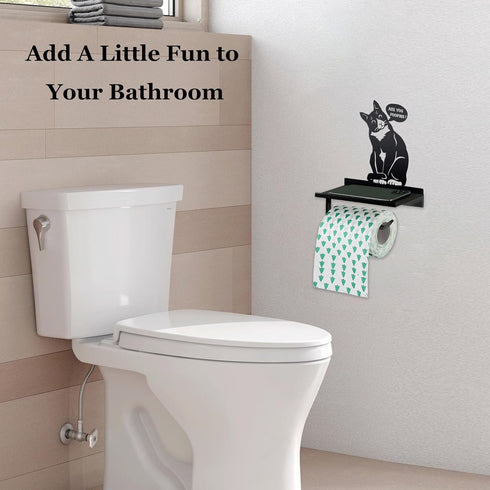 Vausart Black Cat Toilet Paper Holder with Shelf & are You Pooping Sign Farmhouse Bathroom Decor, Cute Cat Design