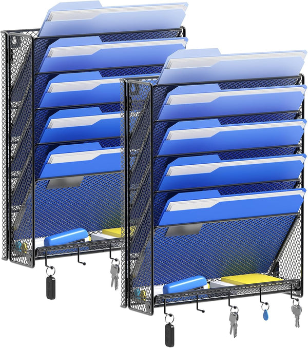 OUTWOLF 6 Tier Hanging Wall File Organizer with Hooks, Vertical Mount File Holder, Pack of 2 for Office