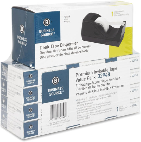 Business Source Value Pack Invisible Tape - Black Tape Dispenser, Pack of 12 (32948)