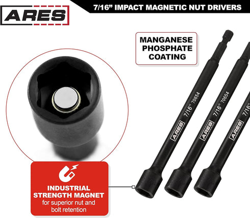 ARES 27010-3-Piece 7/16-Inch Magnetic Impact Nut Driver Bit Set, 6-Inch Length with Industrial Strength Magnets
