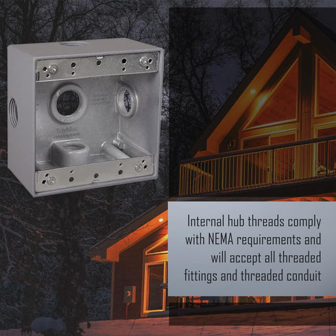 2-Gang Weatherproof Box, Five 3/4 in. Outlets, Side Lug, Gray