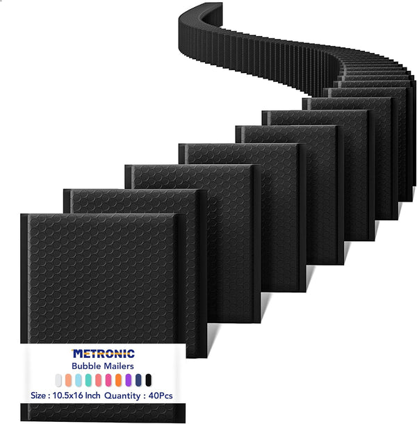 Metronic Large Bubble Mailers, 10.5x16" 40 Pack Self Seal Black Padded Envelopes for Shipping