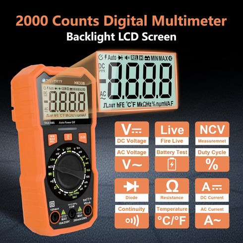 Multimeter Tester 2000 Counts Digital Multimeter with DC AC Voltmeter and Ohm Volt Amp Meter, Tests Live Wire, Continuity, Temperature, Diode Measuring and NCV - HK33B